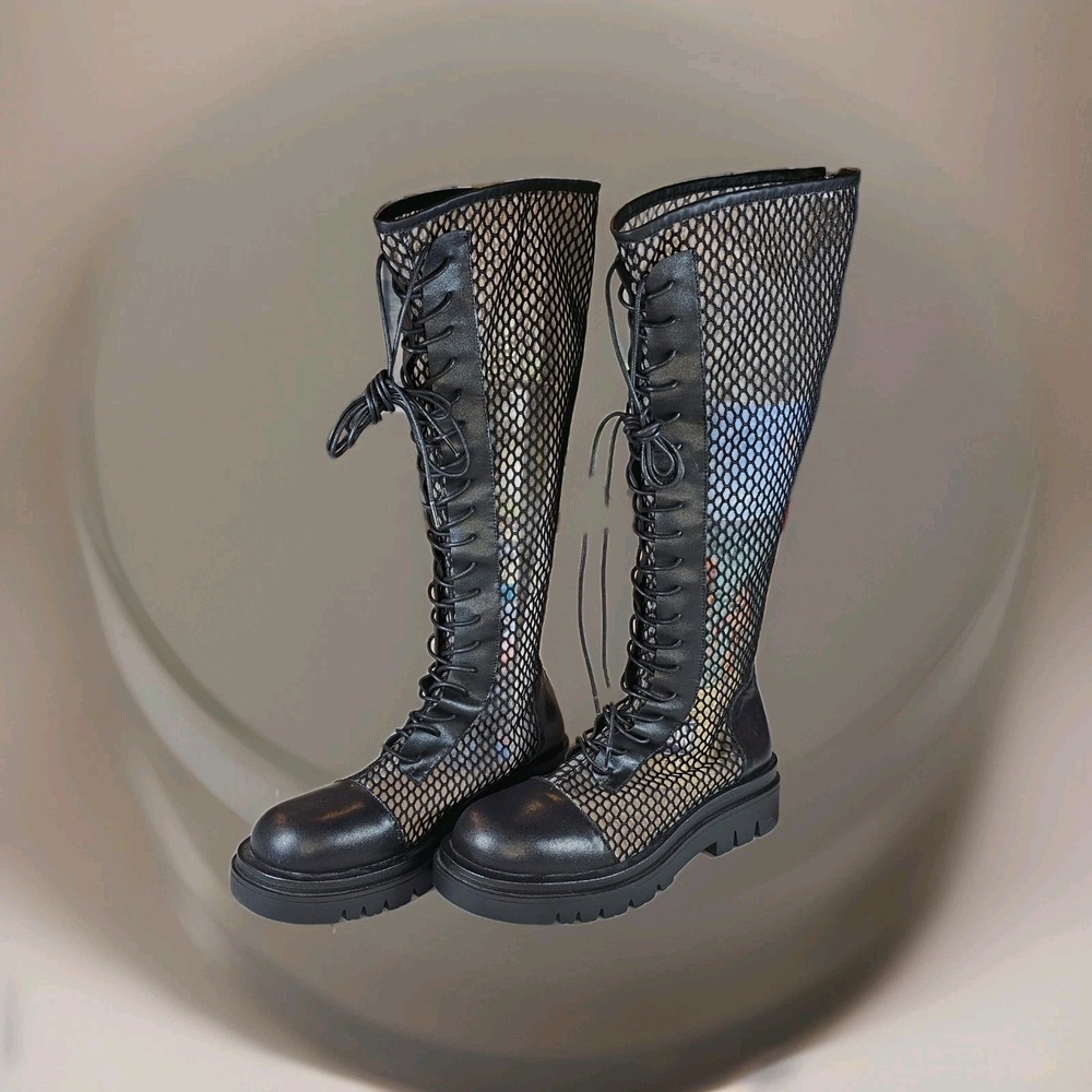 Yosuke Black Mesh Long Combat Boots Lace Up Design W/Chunky Soles Size 10  - New